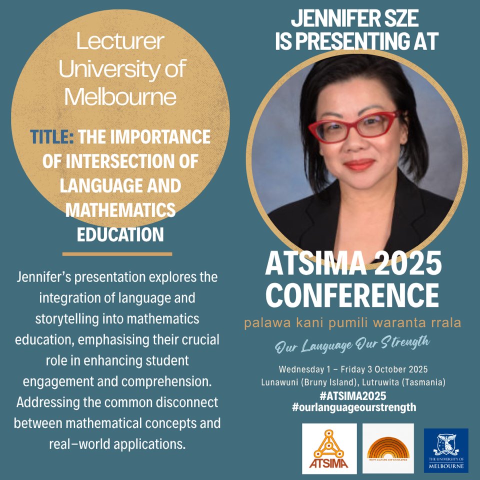 ATSI Maths Alliance (@atsimaau) on Twitter photo 🌟 ATSIMA 2025 Conference 🌟
🎤 Presenter Announcement
Jennifer Sze - Lecturer, University of Melbourne ✨
📆 Conference dates: 1–3 October 2025
✅ Registration Open: events.atsima.com/ATSIMA2025Bien…
This is more than a conference, it’s a movement. Be part of something unforgettable 🎉 🌟 ATSIMA 2025 Conference 🌟
🎤 Presenter Announcement
Jennifer Sze - Lecturer, University of Melbourne ✨
📆 Conference dates: 1–3 October 2025
✅ Registration Open: events.atsima.com/ATSIMA2025Bien…
This is more than a conference, it’s a movement. Be part of something unforgettable 🎉