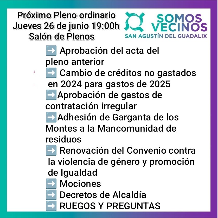 podemossanagust's tweet photo. 📣 Hoy  Pleno ordinario 📣
 Jueves 26 de junio 19:00h
         
Acude, la opinión de todos los vecinos y vecinas importa.
Si no puedes acudir puedes seguir la actividad plenaria del Ayuntamiento a través de 👇🏾

https://t.co/NHGdMzxmHI

💚💜💚 #somosvecinossanagus https://t.co/v1ZqI3YFbi
