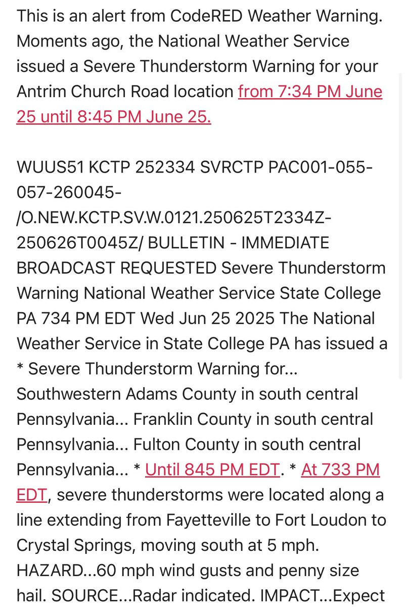 AntrimTownship's tweet photo. CodeRED Weather Warning: The @NWS has issued a  #SevereThunderstormWarning for our Township from 7:34 PM June 25 until 8:45 PM June 25. It is pouring at our municipal building, and doing absolutely nothing at our waste water treatment plant… https://t.co/3c0yga9vIW
