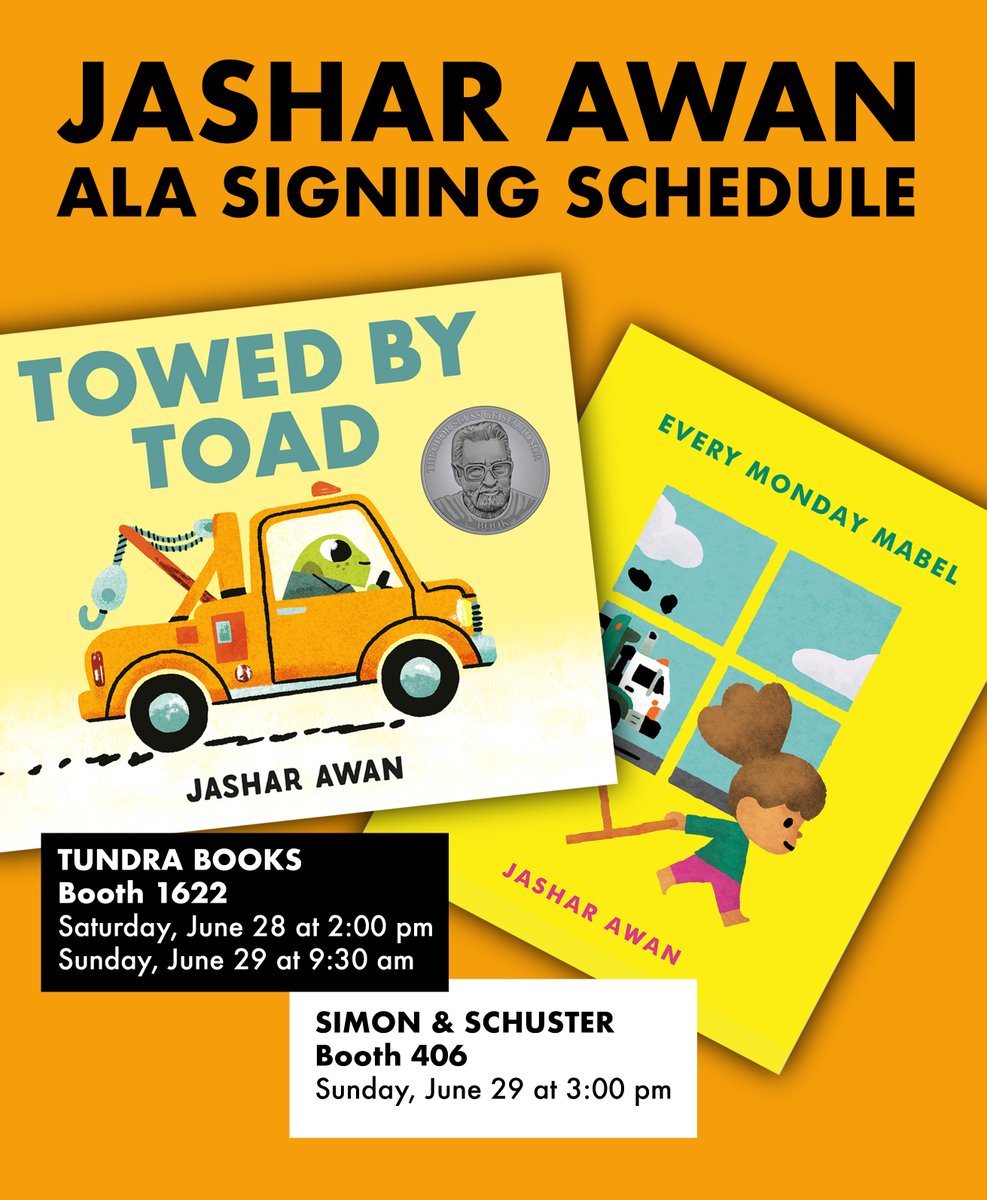 Here's my signing schedule for #alaac25 :  

TOWED BY TOAD 
<a href="/TundraBooks/">Tundra Books</a> Booth 1622 
Saturday, June 28 at 2pm 
Sunday, June 29 at 9:30am  

EVERY MONDAY MABEL 
<a href="/SimonKIDS/">Simon Kids</a> Booth 406 
Sunday, June 29 at 3pm  

Hope to see you there!! <a href="/ALALibrary/">American Library Association</a>