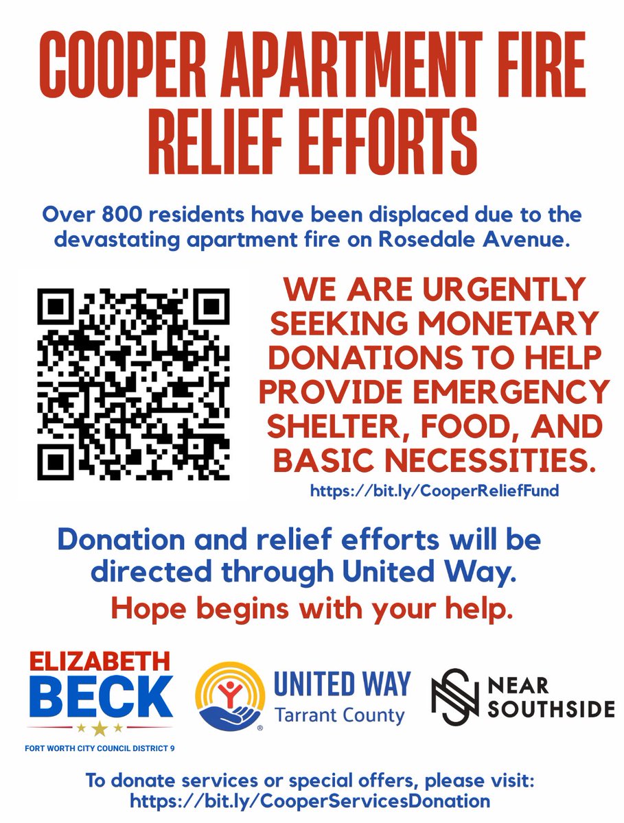 The Fort Worth Fire Department has received countless inquires on how the public can help the displaced residents of the Cooper Apartments. Monday’s historic 6-alarm fire on West Rosedale displaced over 800 people. 

Below is the information we’ve been provided about donations.