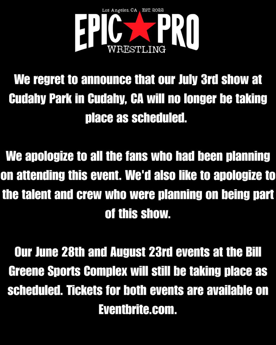 We regret to announce that our July 3rd show in Cudhay will no longer be taking place.

We apologize to all the fans who were planning on attending and to all the performers/crew who were planning to be part of the event.

Our June 28th and August 23rd shows are still on.