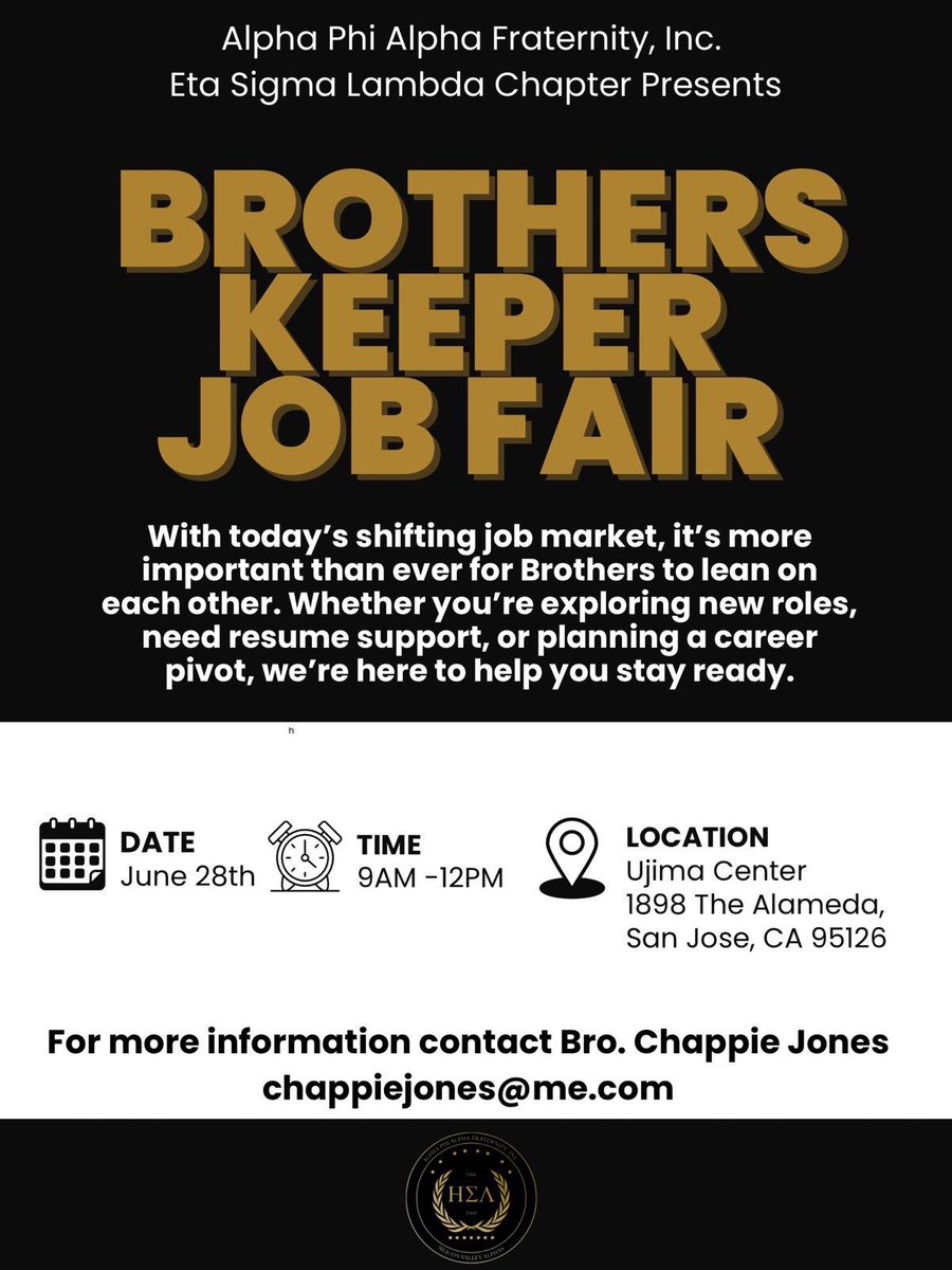 sf_alphas's tweet image. Looking for a job? Join the Brothers of @calialphas this Saturday, June 28th at their &apos;Brothers Keeper Job Fair&apos; and see what&apos;s available and get your new career started! 🤙🏾❄️🤙🏾 #AlphaPhiAlpha #HBCU #APhiA #AlphaWest #Divine9 #D9 #NPHC #BGLO #California #WestCoast