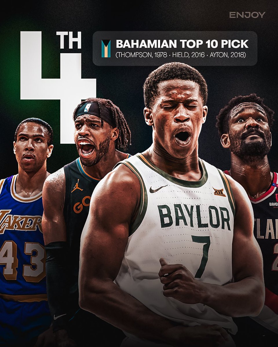 EnjoyBBall's tweet photo. 4 players born in the Bahamas have been drafted Top 10 in NBA history 🇧🇸

• Mychal Thompson (#1 in 1978)
• Buddy Hield (#6 in 2016)
• Deandre Ayton (#1 in 2018)
• V.J. Edgecombe (#3 in 2025) https://t.co/hllxwfB6zE