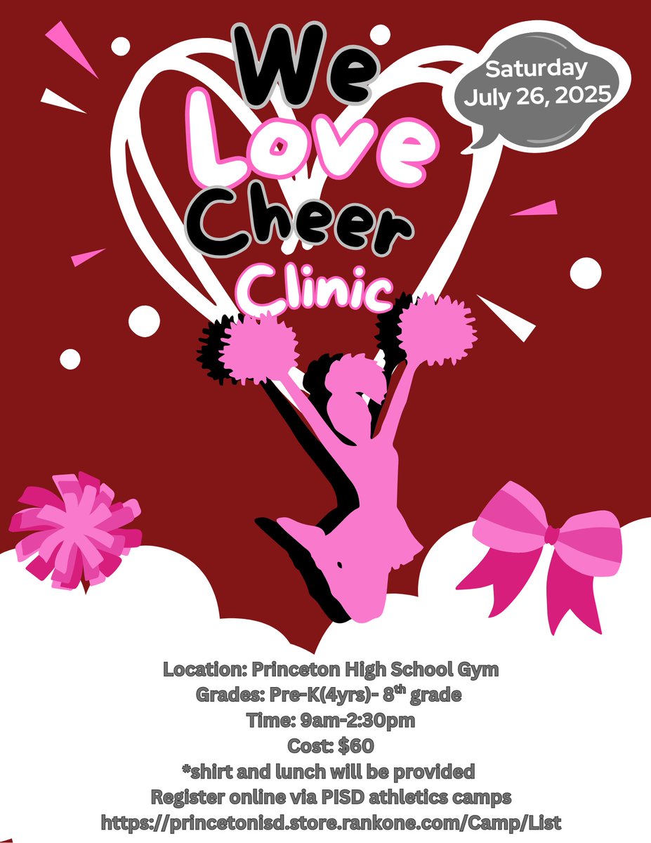 This girl loves cheer!  If your child feels the way I do send them to our We Love Cheer Clinic on July 26, 2025 at Princeton HS.  See you there 😁