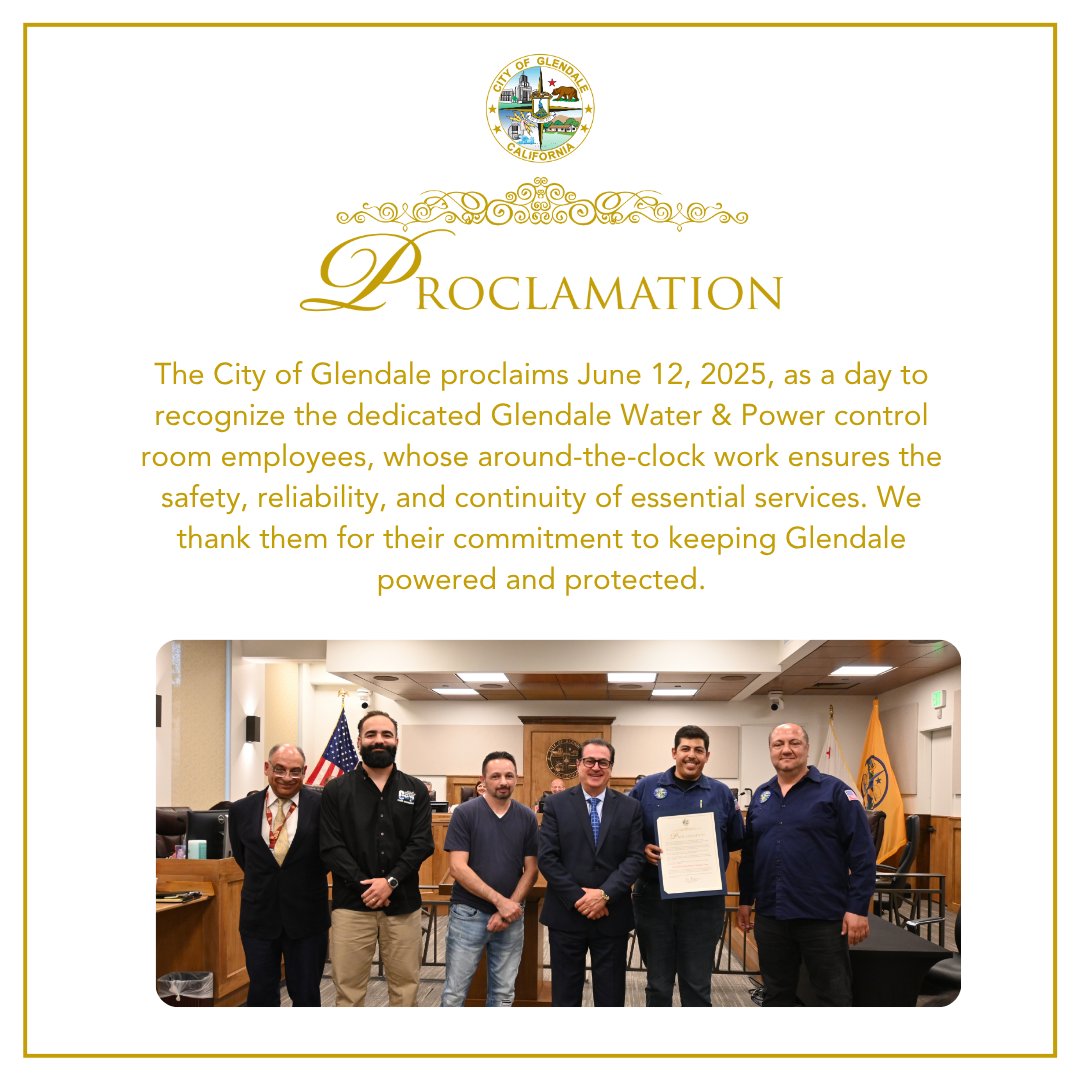 MyGlendale's tweet image. The City of Glendale proclaims June 12, 2025, as a day to recognize the dedicated Glendale Water & Power control room employees, whose around-the-clock work ensures the safety, reliability, and continuity of essential services. We thank them for their commitment!
