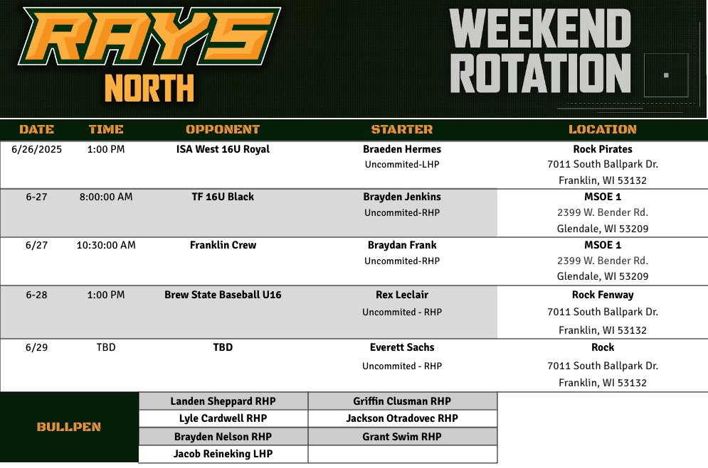 GRB Rays-North (@raysnorth) on Twitter photo GRB North 16u Yellow schedule and Rotation for the <a href="/PrepBaseballWI/">Prep Baseball Wisconsin</a> Rock Event this weekend! #RaysYourGame GRB North 16u Yellow schedule and Rotation for the <a href="/PrepBaseballWI/">Prep Baseball Wisconsin</a> Rock Event this weekend! #RaysYourGame
