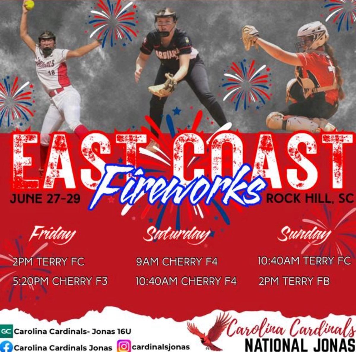 Here we come Rock Hill!! <a href="/jonas_cardinals/">Carolina Cardinals Chandler / Coach Jonas</a> <a href="/GWUSoftball/">Gardner-Webb Softball</a> <a href="/GCRhinosSB/">Gaston College Softball</a> <a href="/USCBSoftball/">Sand Shark Softball</a> <a href="/UMOSoftball/">Mount Olive Softball</a> <a href="/CoastalSoftball/">Coastal Carolina SB</a> <a href="/CofCSoftball/">Charleston Softball</a> <a href="/louisburg_sb/">Louisburg College SB</a> <a href="/UNCSoftball/">Carolina Softball</a> <a href="/WoffordSoftball/">Wofford Softball</a> <a href="/LRSoftball/">Lenoir-Rhyne Softball</a> <a href="/RoyalsSball/">Queens Softball</a>