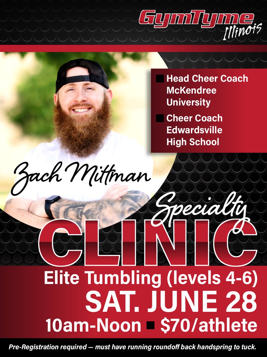 We’re so excited to host visiting coach, Zach Mittman, for a specialty tumbling clinic!

Join us this Saturday to work on perfecting your layouts, fulls, standing tucks, standing fulls, doubles and elite specialty passes.

SIGN UP NOW at gymtymeil.com/page/class-reg…