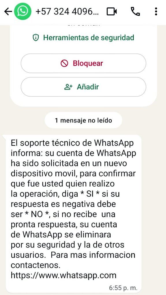 Ing:\Juanita\ (@ing_juani7a) on Twitter photo ⚠️ Atención. Reportar y bloquear!
De este número +57 324 4096029 están enviando este mensaje con el fin de robar cuentas de WP.
Activen verificación de 2 pasos y ahorrense un dolor de cabeza faq.whatsapp.com/19208667214525…
Cc <a href="/CaiVirtual/">Centro Cibernético</a> <a href="/colCERT/">COLCERT</a> <a href="/CSIRTPONAL/">Csirtponal</a> ⚠️ Atención. Reportar y bloquear!
De este número +57 324 4096029 están enviando este mensaje con el fin de robar cuentas de WP.
Activen verificación de 2 pasos y ahorrense un dolor de cabeza faq.whatsapp.com/19208667214525…
Cc <a href="/CaiVirtual/">Centro Cibernético</a> <a href="/colCERT/">COLCERT</a> <a href="/CSIRTPONAL/">Csirtponal</a>