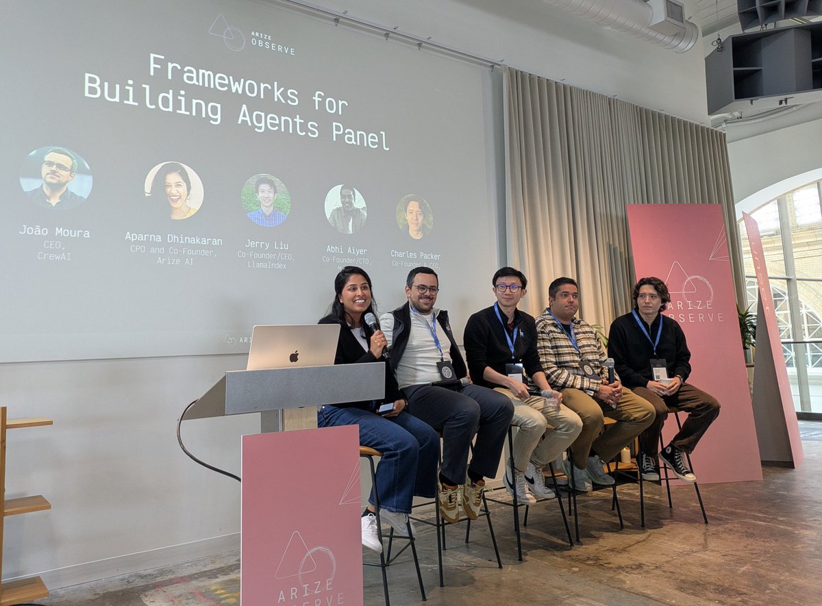 schwentker's tweet photo. 🔥 Best panel at #ArizeObserve: "Frameworks for Building Agents"
Takeaway for non-coders: Agent frameworks teach you how to think with AI. Start with the scaffold, learn by doing, and evolve from drag-n-drop to custom workflows. #GenAI #AgenticTech
@arizeai @aparnadhinak https://t.co/El5qST1ot9