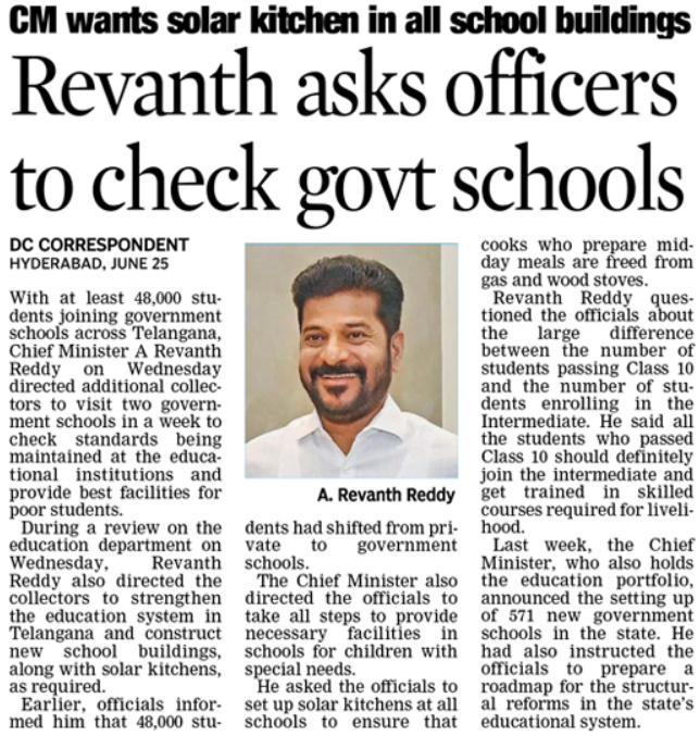 revanthannanews's tweet image. Big boost for Telangana&apos;s education. CM @revanth_anumula directs IAS officers to inspect schools weekly, pushes for solar kitchens &amp;amp; new classrooms, and ensures every Class 10 student joins Intermediate with skill training for a brighter future. #EducationReforms…
