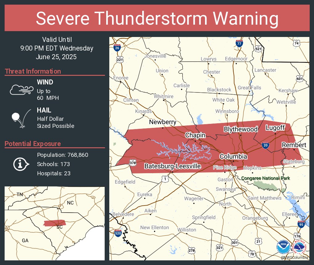 Severe Thunderstorm Warning continues for Columbia SC, Lexington SC and  West Columbia SC until 9:00 PM EDT