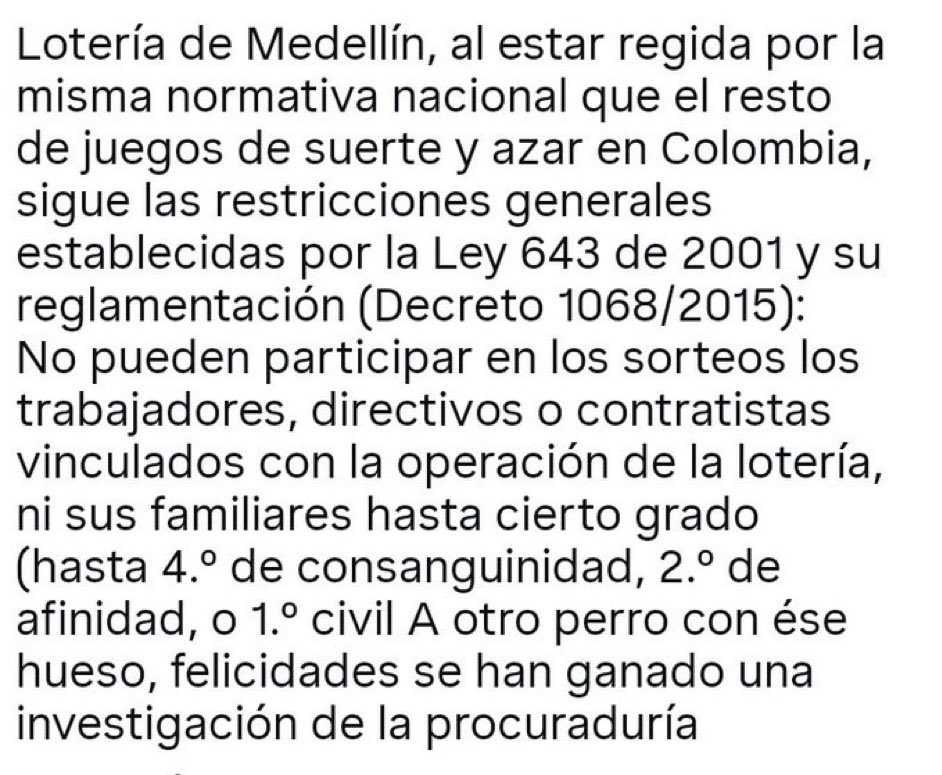 BernardoNoguer7's tweet image. Señores @WRadioColombia @jsanchezcristo @JuanPabloCalvas ahí les dejo la prohibición de la suertuda esposa del subgerente de la lotería de Medellín