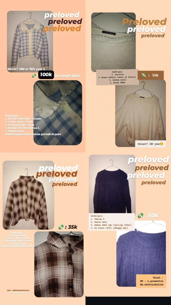 a_pramestys's tweet photo. @examqple ✨ PRELOVED ALERT! ✨
📌 Detail singkat:
👚 Knit baby blue x cream tebal &amp; cozy, Brand MIXXO– 100k (masih bisa nego tipis!)
🤍 Sweater broken white brand *INGNI* – 30k aja!
🟤 Kemeja kotak coklat adem &amp; lengkap kancingnya – cuma 35k!
💙 Sweater navy ukuran L, adem &amp; no minus 50k https://t.co/sBfRdbxQt8