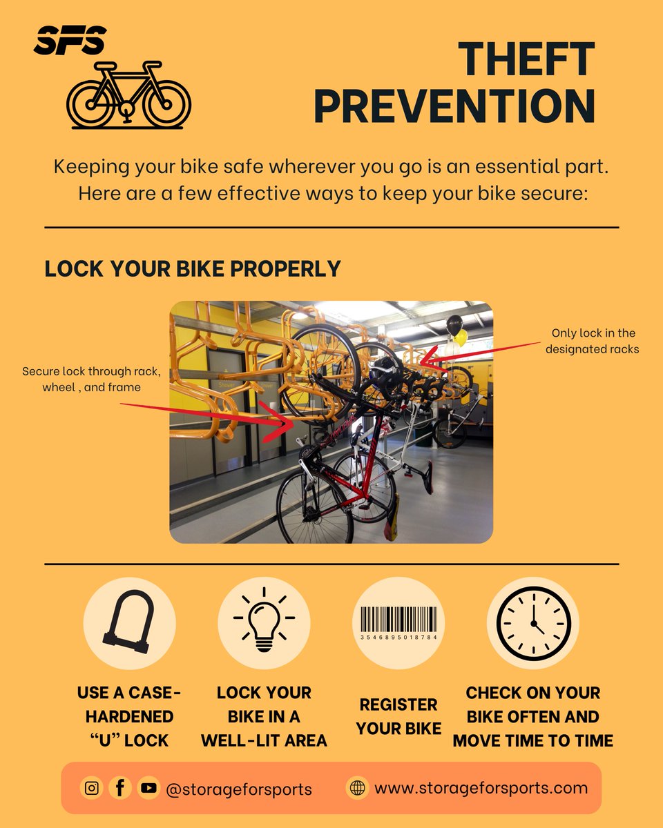 Storage4sports's tweet photo. Bike theft is real — don’t be a victim.

✅ Use a U-lock
💡 Park in lit areas
🔒 Lock frame &amp; wheels
📍 Register your bike

🌐 https://t.co/65Gs46FjNI
🇹🇼 https://t.co/EyBneSLfzd 

#bikestand #bikerack #單車架 #sfs #運動收納哥 #单车收纳 #單車收納 https://t.co/CJAc26VeAA