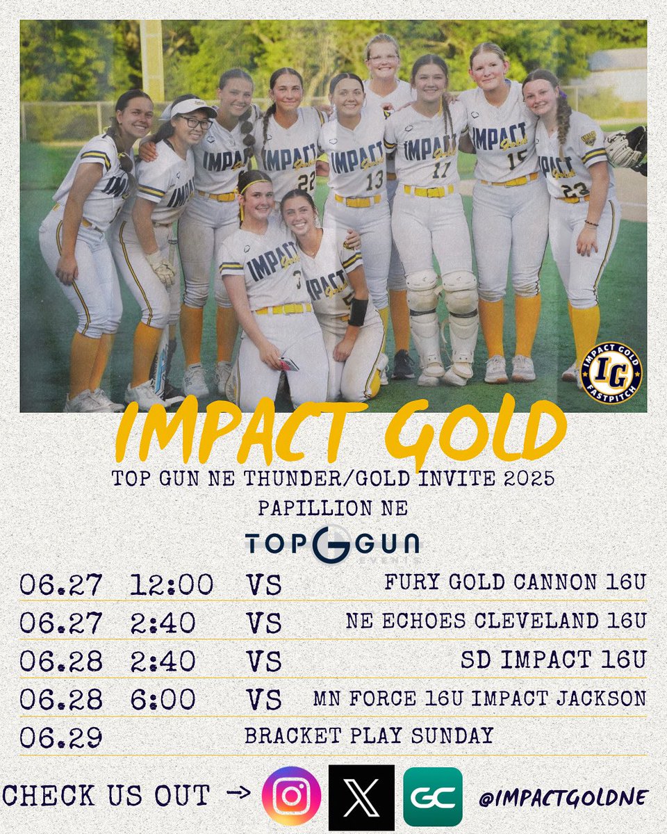 Impact Gold NE Sullivan (@impactgoldne) on Twitter photo After last weekend off weāre looking forward to this weekend with some great competition. <a href="/ImpactGoldNE/">Impact Gold NE Sullivan</a> <a href="/ImpactGoldOrg/">Impact Gold Fastpitch</a> <a href="/TopGunEvents/">Top Gun Events</a> Top Gun Ne Thunder/Gold Invite After last weekend off weāre looking forward to this weekend with some great competition. <a href="/ImpactGoldNE/">Impact Gold NE Sullivan</a> <a href="/ImpactGoldOrg/">Impact Gold Fastpitch</a> <a href="/TopGunEvents/">Top Gun Events</a> Top Gun Ne Thunder/Gold Invite