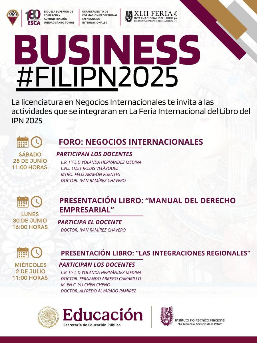 Invitad@s a la Feria Internacional del Libro del <a href="/IPN_MX/">IPN</a> donde la ESCA tendrá su participación.

Conferencia "México y el Mundo: una visión desde los negocios internacionales"
¡Y presentaciones de libros!