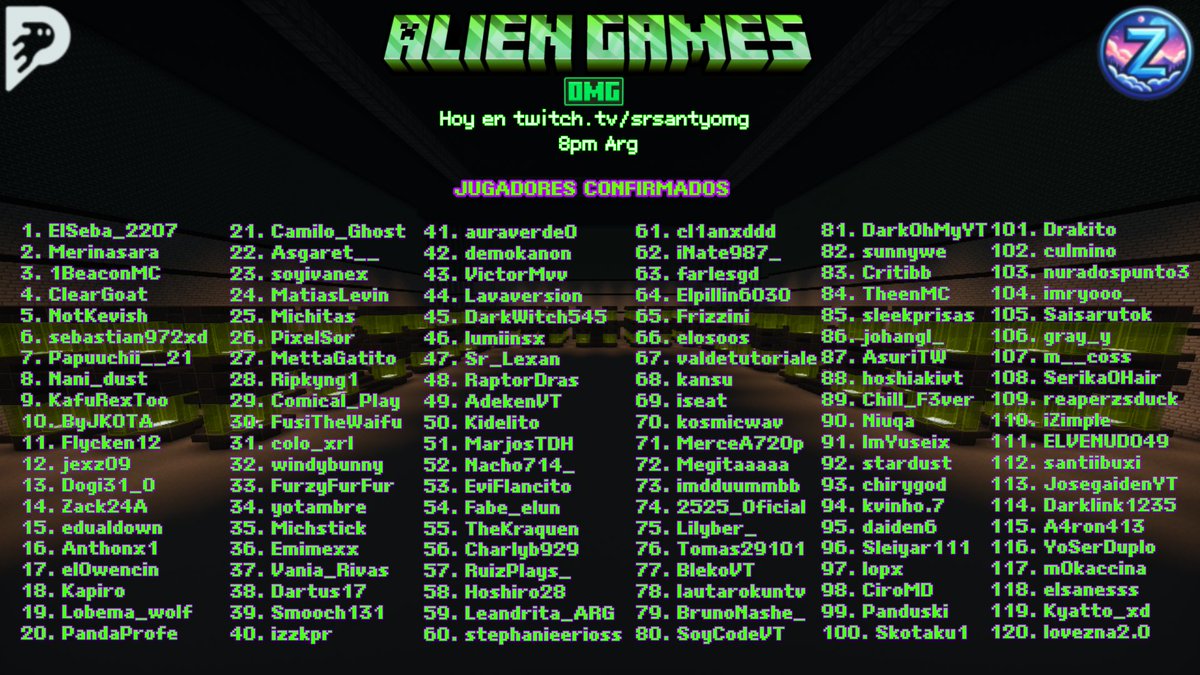 SrSantySCD (@srsantyomg) on Twitter photo Estos son los 120 jugadores confirmados que participarán en los #Aliengames
Nos vemos el sábado 28 y el domingo 29, recuerden q solo uno podrá ganar este evento, mucha suerte.
<a href="/ZephyHosting/">ZephyHosting</a>
<a href="/PhaseStudioss/">Phase Studios | Events For MC</a> Estos son los 120 jugadores confirmados que participarán en los #Aliengames
Nos vemos el sábado 28 y el domingo 29, recuerden q solo uno podrá ganar este evento, mucha suerte.
<a href="/ZephyHosting/">ZephyHosting</a>
<a href="/PhaseStudioss/">Phase Studios | Events For MC</a>