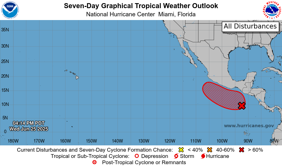#Internacionales | 🌀 Una zona de baja presión al sur de Guatemala mantiene actividad de lluvias y tormentas eléctricas, aunque aún sin organización definida. 

Este sistema podría ganar fuerza y convertirse en depresión o tormenta tropical a finales del fin de semana, mientras