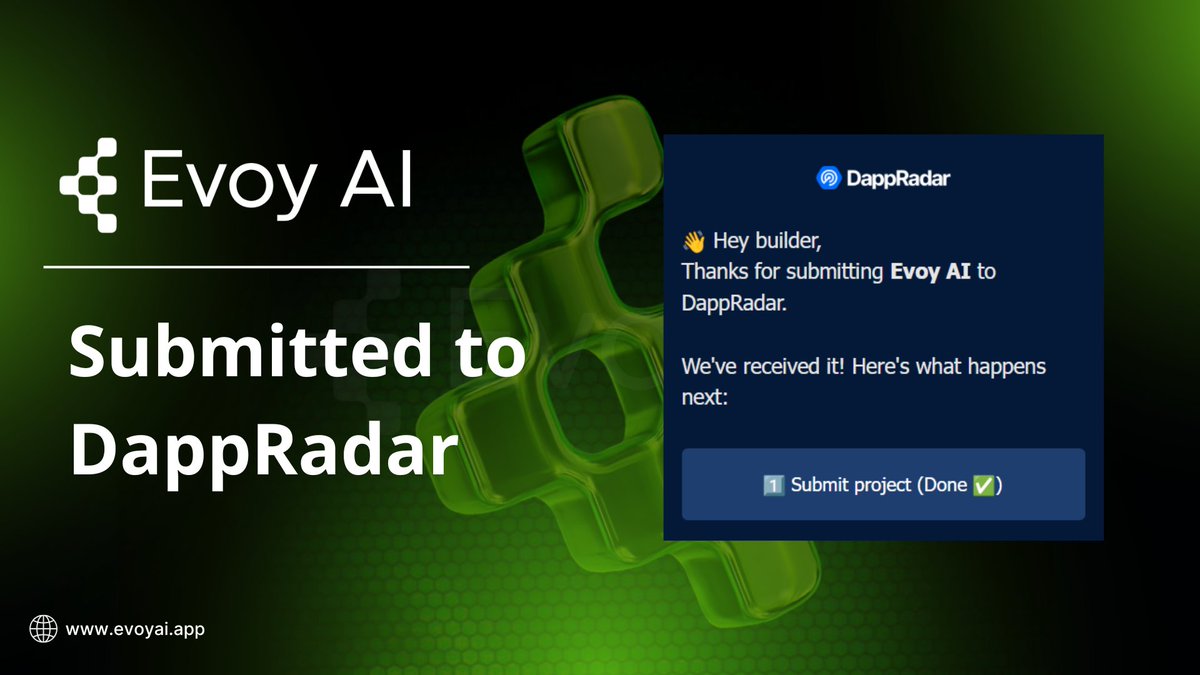 Evoyai_app's tweet photo. We’re excited to announce that Evoy AI has officially been submitted to @DappRadar  , one of the most trusted directories for decentralized applications in the Web3 ecosystem.

📌 Why this matters:
✅ Increases visibility to the global Web3 community
✅ Validates Evoy AI as a live and active dApp
✅ Opens the door to analytics, tracking, and trust from new users
✅ Helps $EVAI gain recognition alongside top blockchain projects
This is a key step as we continue growing the Evoy AI ecosystem and expanding reach to creators, users, and investors worldwide.

#EvoyAI #DappRadar #Web3Video