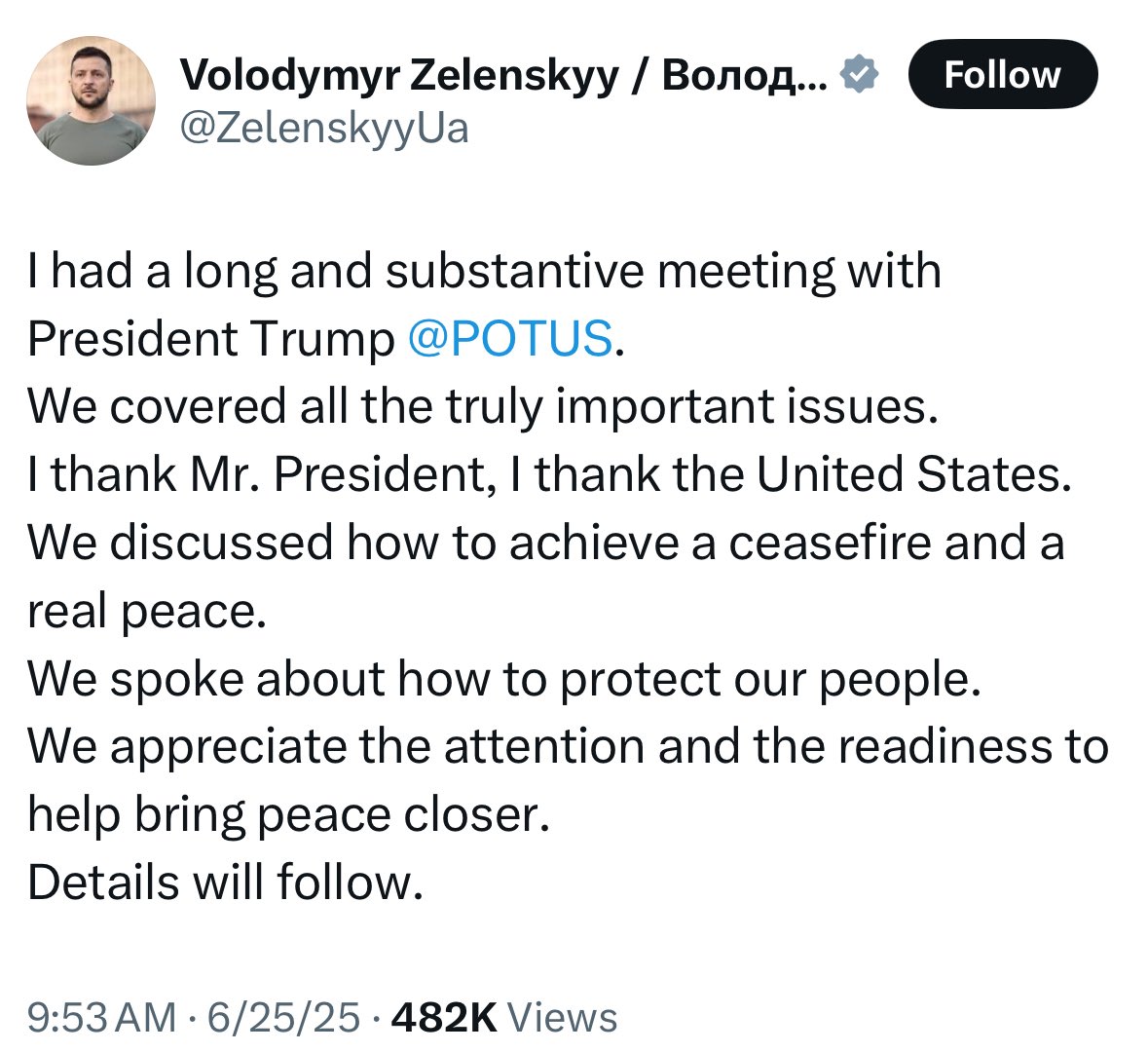 While everyone is paying attention to the Middle East, Trump and Zelensky had a meeting today, and Zelensky’s tune sounds VERY different than what it has been.

Zelensky just watched Trump spank Israel/Iran, and he knows he is next.

Now he sounds sincere about peace.