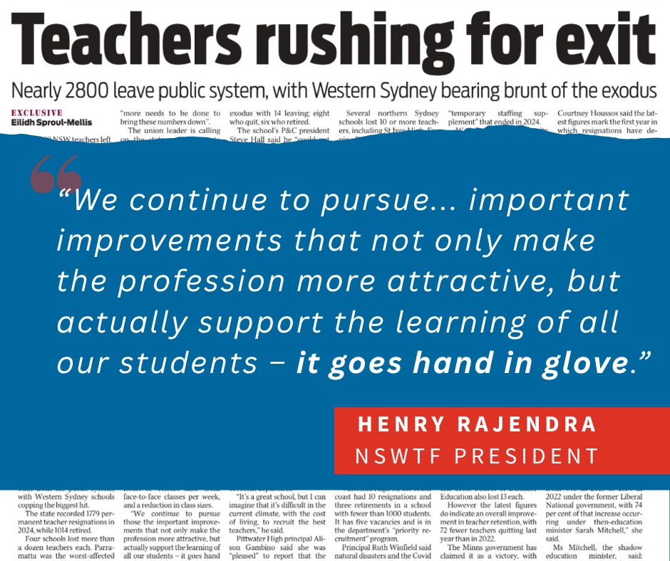 TeachersFed's tweet photo. The NSW Government needs to do more to reduce the resignations and retirements from the NSW public school system. 

Two extra hours of release time per week and a reduction in class sizes would make teaching in the NSW public school system more attractive. https://t.co/gbBhKbELZp