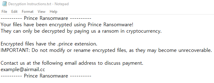 mrglwglwgl (@mrglwglwgl) on Twitter photo Prince Ransomware
IS IT TEST SAMPLE?
ext: .Rans
note: Decryption Instructions.txt
mail: example@airmail.cc
md5: 3e6897a84bbbe0e918006d7fc5bca849 Prince Ransomware
IS IT TEST SAMPLE?
ext: .Rans
note: Decryption Instructions.txt
mail: example@airmail.cc
md5: 3e6897a84bbbe0e918006d7fc5bca849