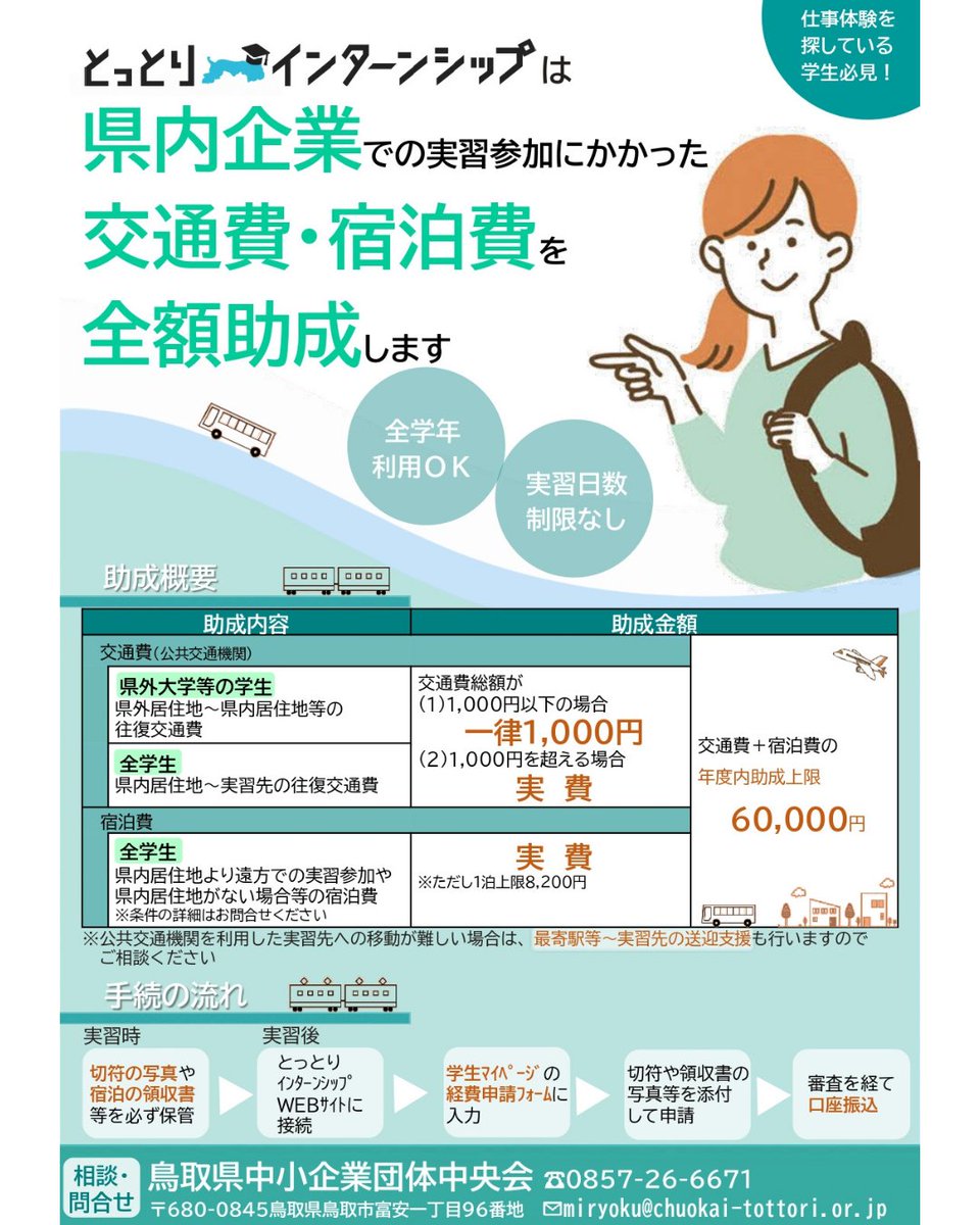＼交通費・宿泊費助成／

鳥取県でのインターンシップに参加するだけで、交通費・宿泊費を全額助成！

とっとりインターンシップの参加学生を対象に移動や宿泊にかかる費用を最大限サポートします🫱‍🫲

tottori-internship.net/manual/#a_subs…