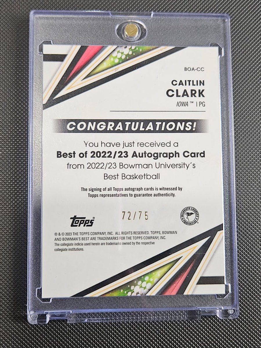 CrashSportsCard's tweet photo. Decided to open a box of 2022-23 Bowman U best celebrating a long wait for our psa submission and sniped a CC Gold Lava auto /75. Shoutout @shopmeelypops for the box. @Topps @CardPurchaser @IndianaFever @IowaWBB @CaitlinClark22 https://t.co/ogVnN7UCva