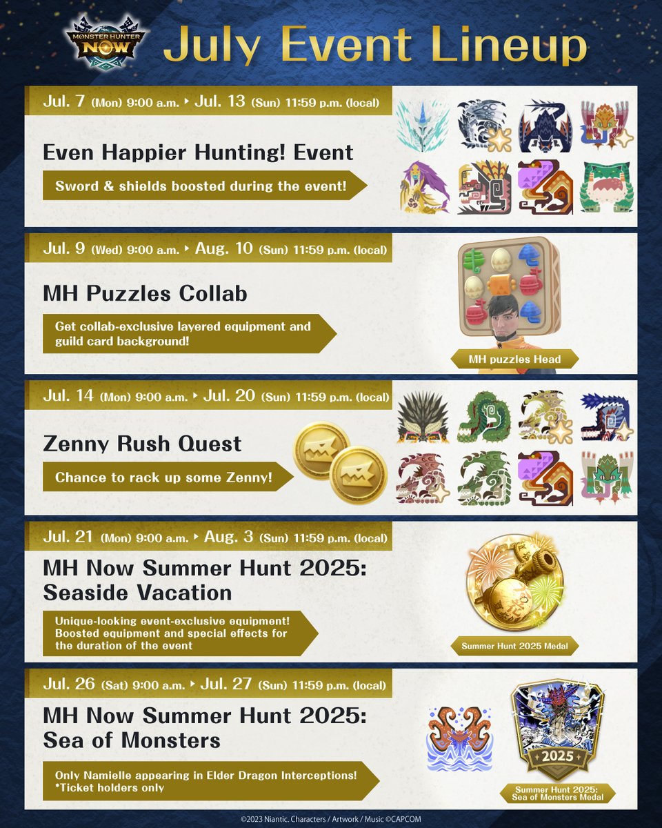 MH_Now_EN's tweet image. 🐾 July event lineup 🐾

Get ready for some summer fun with the #MHNowSummerHunt2025 and take on the elder dragon Namielle for the first time in #MHNow 🌊

We also have a collab event coming with MH Puzzles, and more! 🌟

👉 monsterhunternow.com/news/july-2025