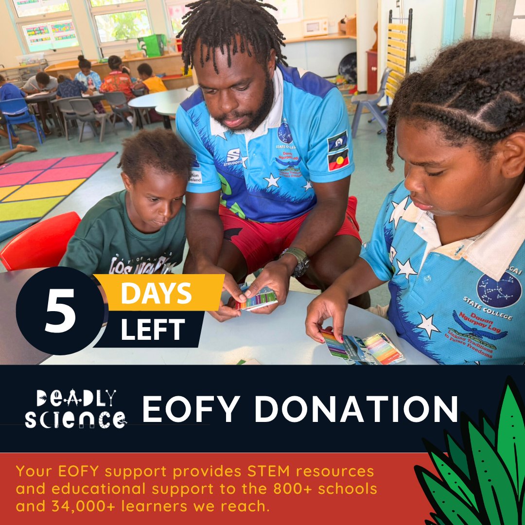 DeadlyScience's tweet image. Get involved. 
Share our posts. 
Make a tax-deductible EOFY donation.

Your support helps provide STEM resources &amp;amp; education to 800+ schools &amp;amp; 34,000+ First Nations learners.

Together, we can end STEM disadvantage.
Donate: ow.ly/EuN950Wfe7I
#EOFYDonations #STEMequity