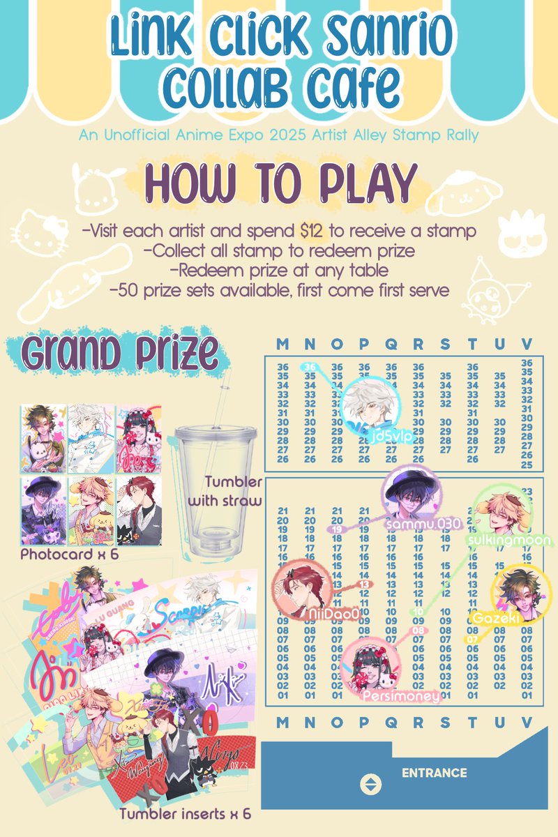 persimoney's tweet photo. Hosting a Link click stamp rally at #AX2025 with super pretty art and super fancy prizes! 
Spend $12+ at each table and receive a grand prize pack containing a tumbler, 6 tumbler inserts and 6 photocards! 
Participating artists in thread⬇️ https://t.co/UtQTkuGBHb