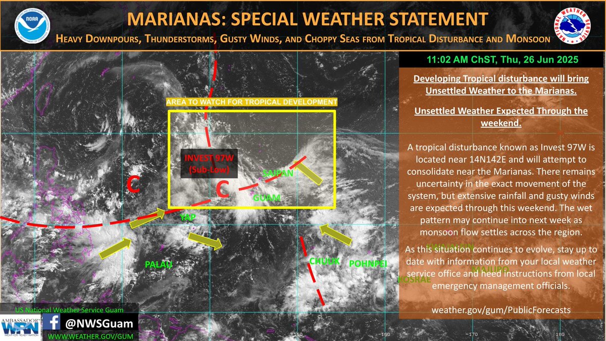 NWSGuam's tweet image. A Special Weather Statement (SPS) has been issued for the Marianas. Extensive rainfall and gusty winds are expected through the weekend as a tropical disturbance moves near the region. A flood watch remains in effect through Sunday night. #GUwx