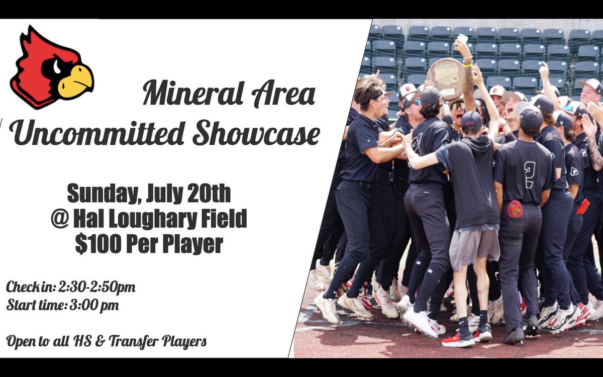 ‼️Mineral Area Showcase‼️

Outstanding opportunity to get infront of our coaching staff &amp; showcase your ability

- July 20th @ 3pm 
- @ Hal Loughary Field
- Open to all HS players &amp; Transfers
- $100 per player

Link for registration coming soon!