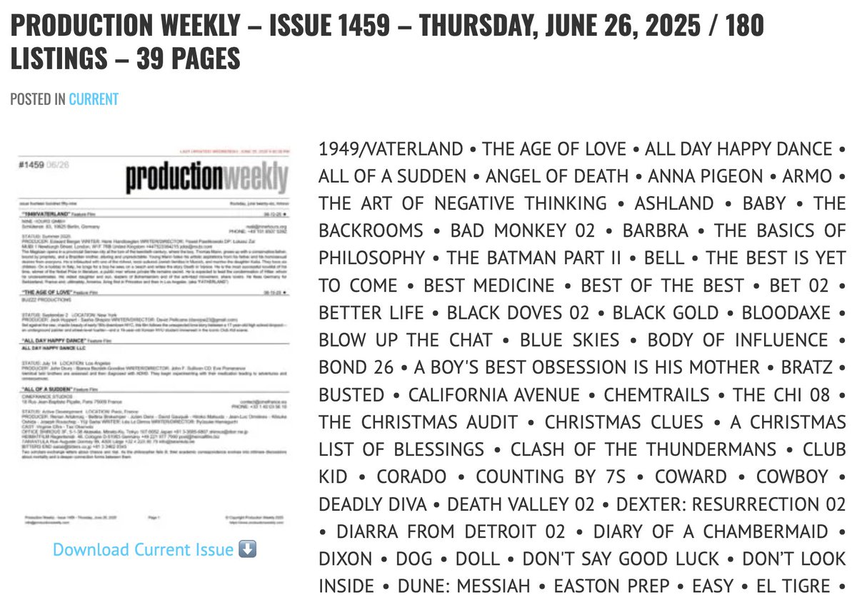 Production Weekly - Issue 1459 - Thursday, June 26, 2025 / 180 Listings - 39 Pages

Download Current Issue ⬇️

productionweekly.com/production-wee…