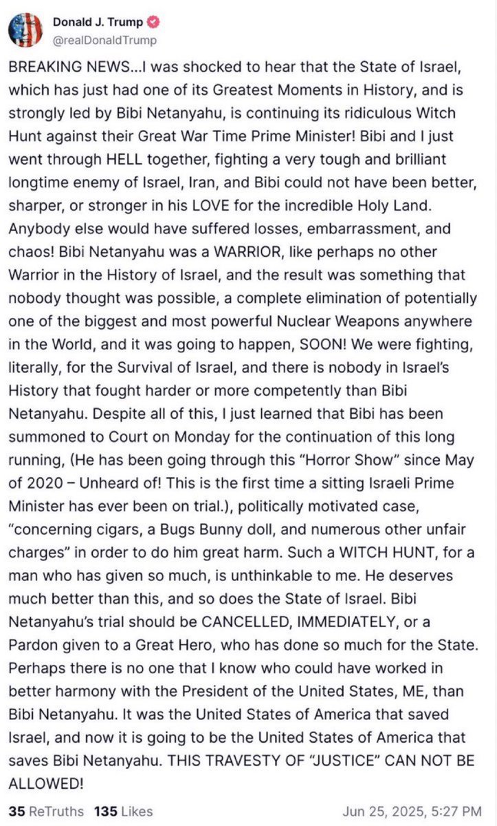 Trump trying to get Bibi’s trial canceled is… interesting