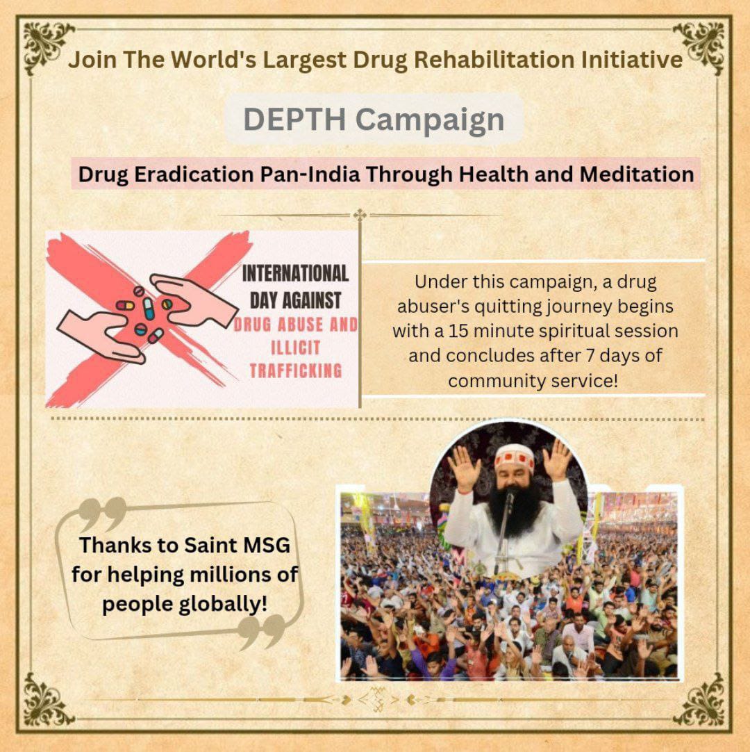 Shivam_Author's tweet photo. Inspired by Saint MSG and under the Deapth campaign started by Guru Ji, more than 7 crore people have given up their addiction and are living a happy life.
#InternationalDayAgainstDrugAbuse
#WorldDrugDay
#WorldDrugDay2025 https://t.co/Bdpb68hi5r