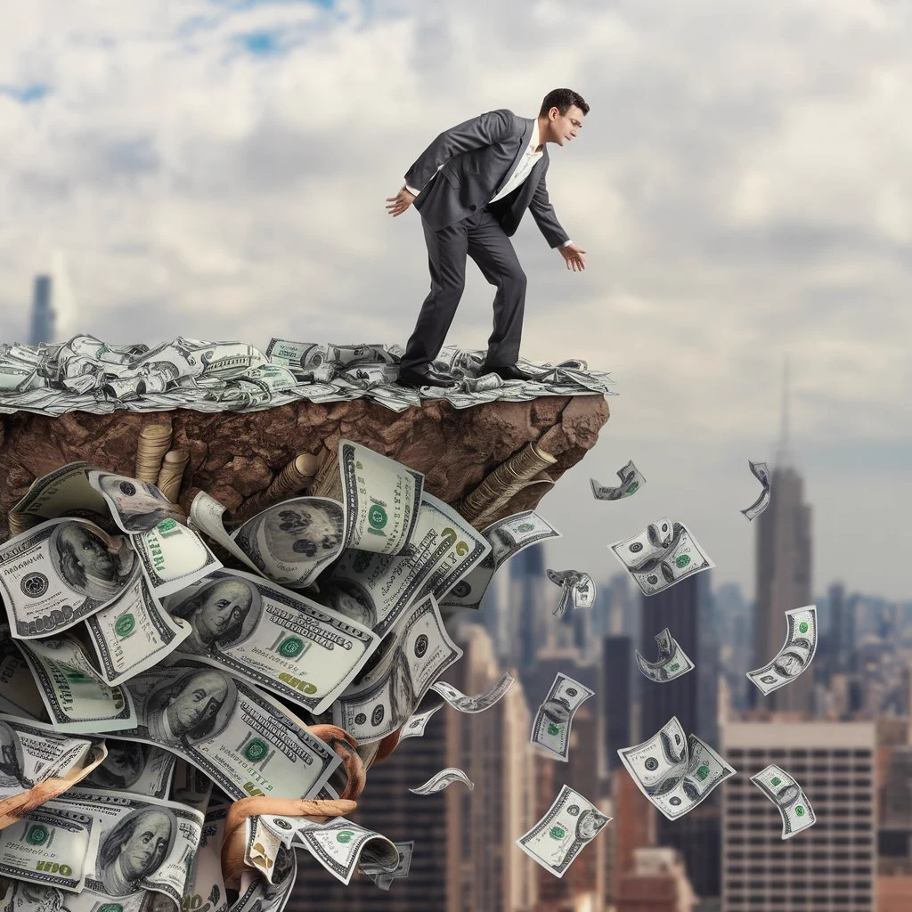 A man in a business suit stands nervously on the edge of a cliff made entirely of U.S. dollar bills, which are crumbling and falling into the city skyline below. Wads of cash tumble from the eroding cliff, symbolizing financial instability or the collapse of wealth. The background shows a blurred urban skyline under a cloudy sky.