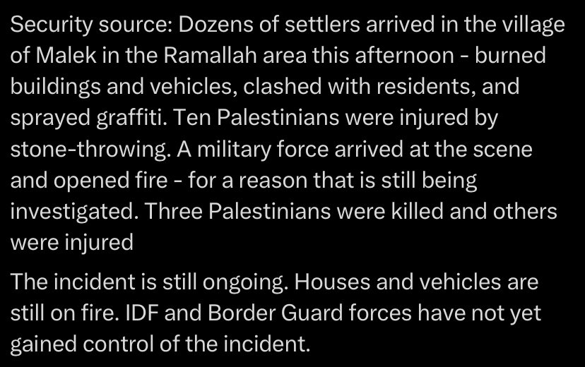 martyrmade's tweet photo. Israeli illegally enter & occupy part of the West Bank, then harass, assault, & vandalize. When the inhabitants resist, the Israeli military kills them. If Palestinian do this to a settlement, the IDF levels the perpetrators’ entire village. This slo-mo ethnic cleansing has been happening for years.