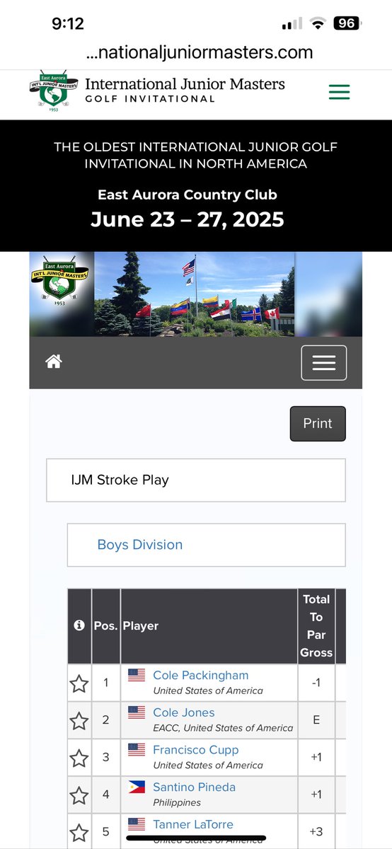 St. Mary’s soon to be Senior Cole Jones currently sits at EVEN par and second alone during the seeding rounds at The 72nd International Junior Masters at East Aurora Country Club. Best of luck tomorrow (9:52) to The Lancers number 1 !!!