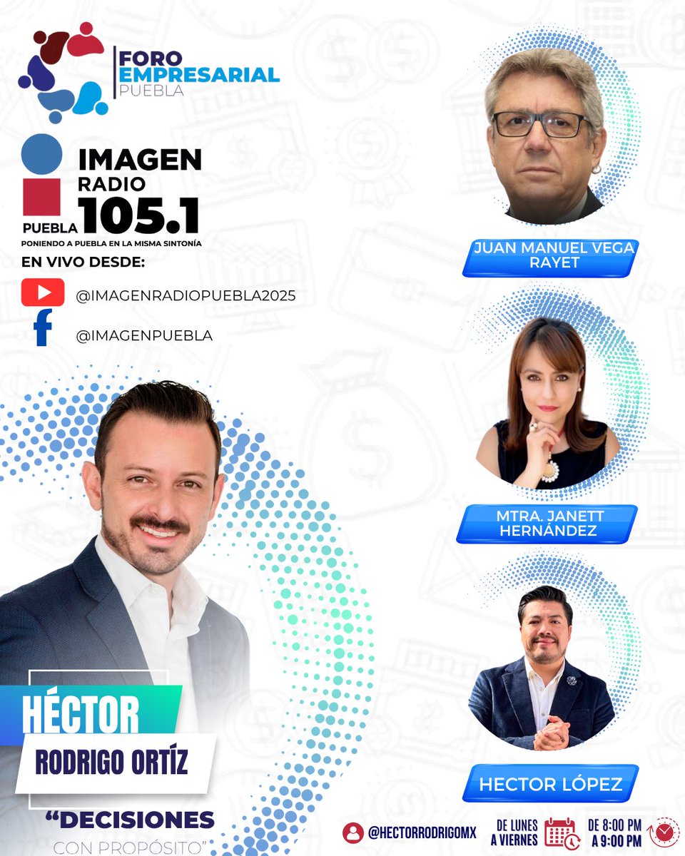 Imagen Puebla (@imagen_puebla) on Twitter photo 🎙️ HOY en #ForoEmpresarial con <a href="/HectorRodrigoMx/">Héctor Rodrigo Ortiz</a>
🕗 8 PM por Imagen Radio 105.1 FM
🔴 En vivo en:
👉 Facebook Live: facebook.com/imagenpuebla
👉 YouTube Live: youtube.com/@ImagenRadioPu…
🌐 Escúchanos también en: imagenpuebla.mx
💬 Invitados de hoy:
🚗 Juan Manuel Vega Rayet – 🎙️ HOY en #ForoEmpresarial con <a href="/HectorRodrigoMx/">Héctor Rodrigo Ortiz</a>
🕗 8 PM por Imagen Radio 105.1 FM
🔴 En vivo en:
👉 Facebook Live: facebook.com/imagenpuebla
👉 YouTube Live: youtube.com/@ImagenRadioPu…
🌐 Escúchanos también en: imagenpuebla.mx
💬 Invitados de hoy:
🚗 Juan Manuel Vega Rayet –
