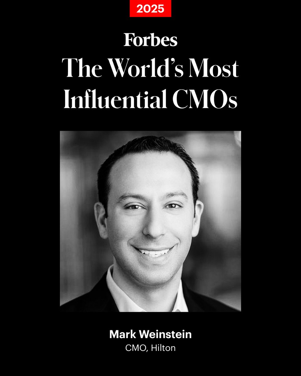 Forbes's tweet photo. A driving force at the helm of Hilton’s global marketing, brand, partnerships, digital innovation and loyalty strategy, Weinstein’s influence is shaping the future of hospitality. https://t.co/Pc19rA4VA8 #ForbesCMO (Photo: Hilton) https://t.co/OqvvrCrEKD
