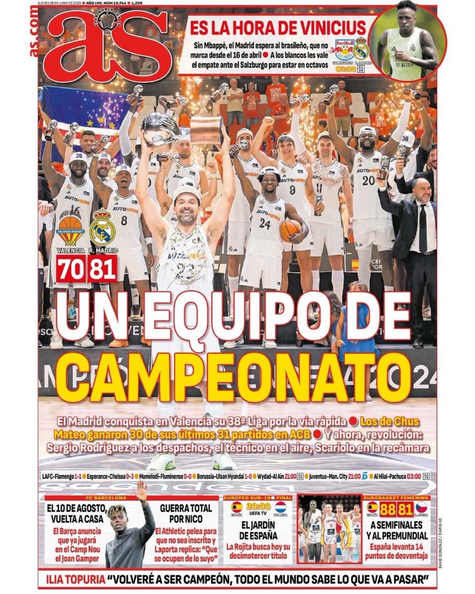 📰 غلاف آس | فريق بطولة.

— مدريد يُتوج في فالنسيا بلقب الدوري رقم 38 في تاريخه بطريقة سريعة.

— رجال تشوس ماتيو فازوا في 30 من آخر 31 مباراة في الدوري الاسباني لكرة السلة.

— حان وقت فينيسيوس.

— في غياب مبابي، مدريد ينتظر البرازيلي، الذي لم يُسجل منذ 16 أبريل. 

— التعادل ضد