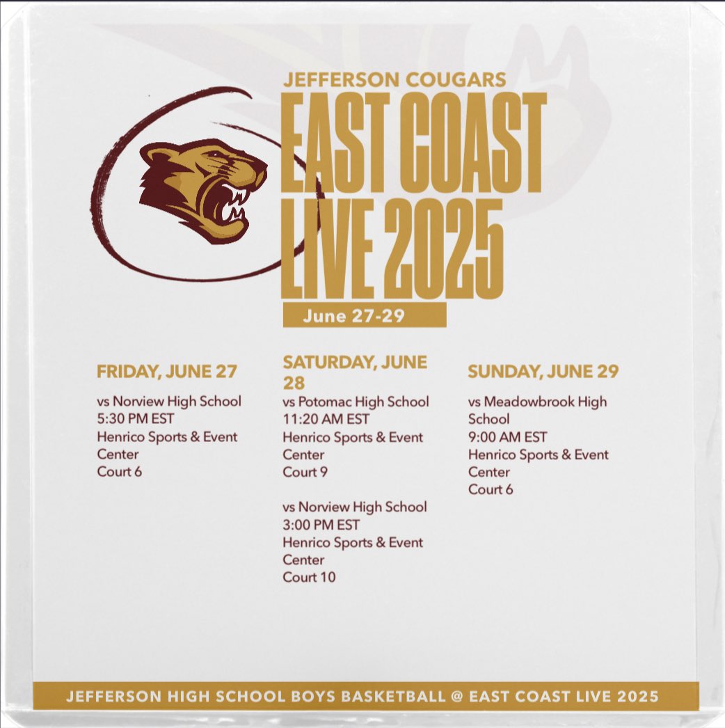 Jefferson Basketball (@jhighbasketball) on Twitter photo ā¼ļøEast Coast Live Schedule Releaseā¼ļø
June 27-29th
Henrico Sports & Events Center
Coaches be sure to tap in this weekend!
<a href="/ECL_Showcase/">East Coast Live</a>
<a href="/theCBGLive/">Commonwealth Basketball Group</a> ā¼ļøEast Coast Live Schedule Releaseā¼ļø
June 27-29th
Henrico Sports & Events Center
Coaches be sure to tap in this weekend!
<a href="/ECL_Showcase/">East Coast Live</a>
<a href="/theCBGLive/">Commonwealth Basketball Group</a>