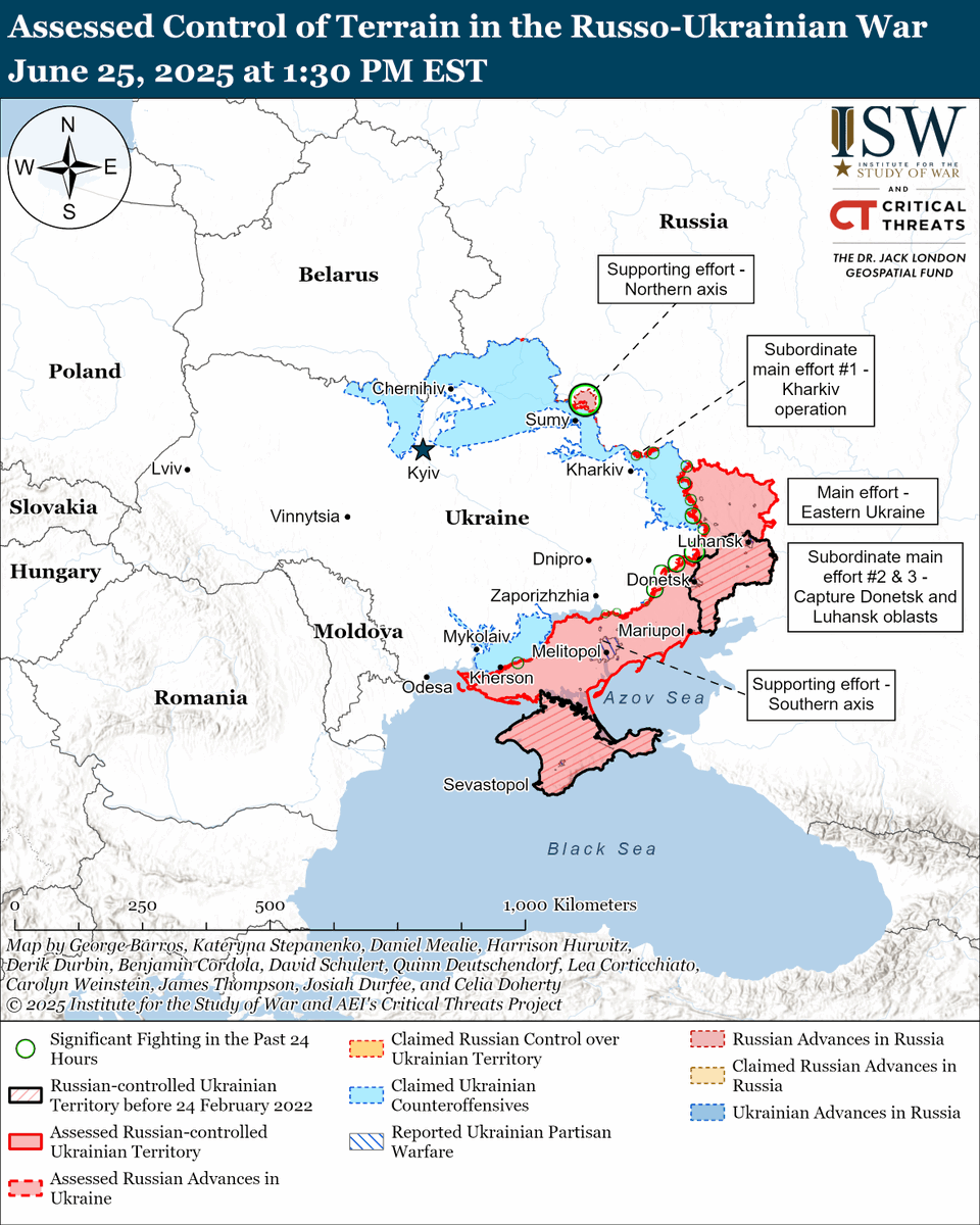 TheStudyofWar's tweet photo. NEW: US President Donald Trump stated that Russia may have territorial ambitions beyond Ukraine — consistent with ISW's long-held assessments that Russia is preparing for a future conflict with NATO and setting conditions to justify future aggression against non-NATO former Soviet Union states.

US Secretary of State Marco Rubio correctly stated that Russia has not shown a willingness to move forward in peace negotiations.

The Kremlin continues to leverage Russian Security Council Deputy Chairperson Dmitry Medvedev's aggressive rhetoric to undermine Western support for Ukraine.

Russian officials are purposely promoting vague rhetoric about the "root causes" of Russia's war against Ukraine in order to allow the Kremlin the flexibility to adapt its demands as it sees fit.

Russia is reportedly accelerating its missile production capacity with sanctions evasion support from Belarus and the People's Republic of China (PRC).

NATO and Western officials reaffirmed their commitment to collective defense and security, to increasing defense spending in the face of increased Russian aggression, and to providing support to Ukraine.

Ukraine's European partners continue to allocate military aid to Ukraine and deepen cooperation with the Ukrainian defense industrial base (DIB).

Ukrainian forces likely conducted a long-range strike against a Russian military industrial enterprise in Rostov Oblast on June 24.