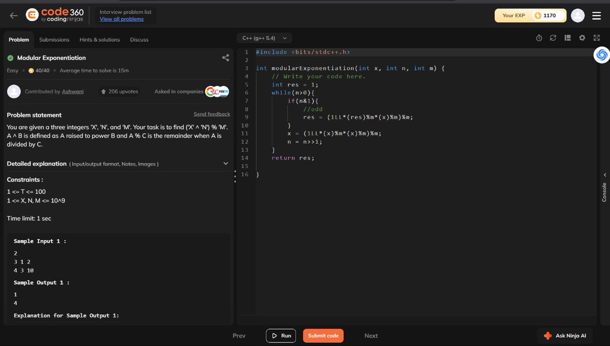 sarkar_avg's tweet photo. Modular Exponentiation in C++
Efficiently computes (X^N) % M
#CPlusPlus #DSA #CompetitiveProgramming #ModularArithmetic #CodeNewbie #100DaysOfCode #BinaryExponentiation #TechTwitter #CodeNinjas #LearnToCode https://t.co/aXDZvx0arK