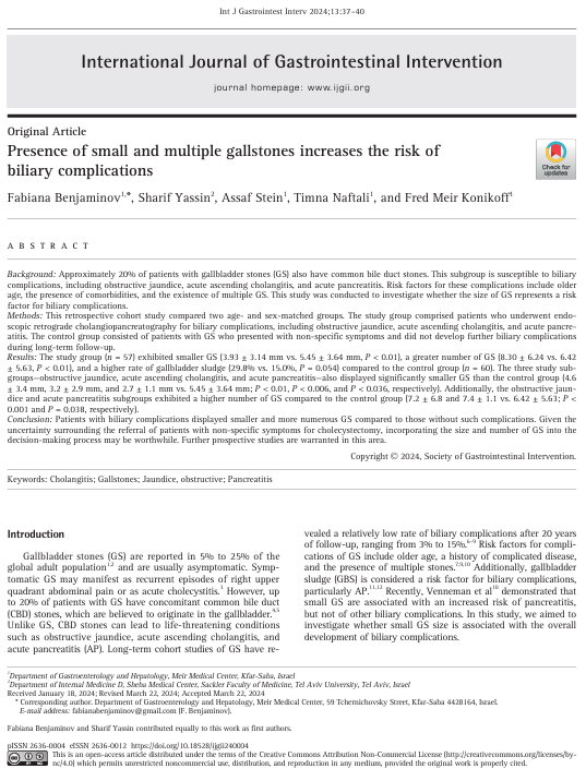 IJGII_SGI's tweet image. Presence of small and multiple gallstones increases the risk of biliary complications
doi.org/10.18528/ijgii…
#Cholangitis #Gallstones #Jaundice #obstructive #Pancreatitis