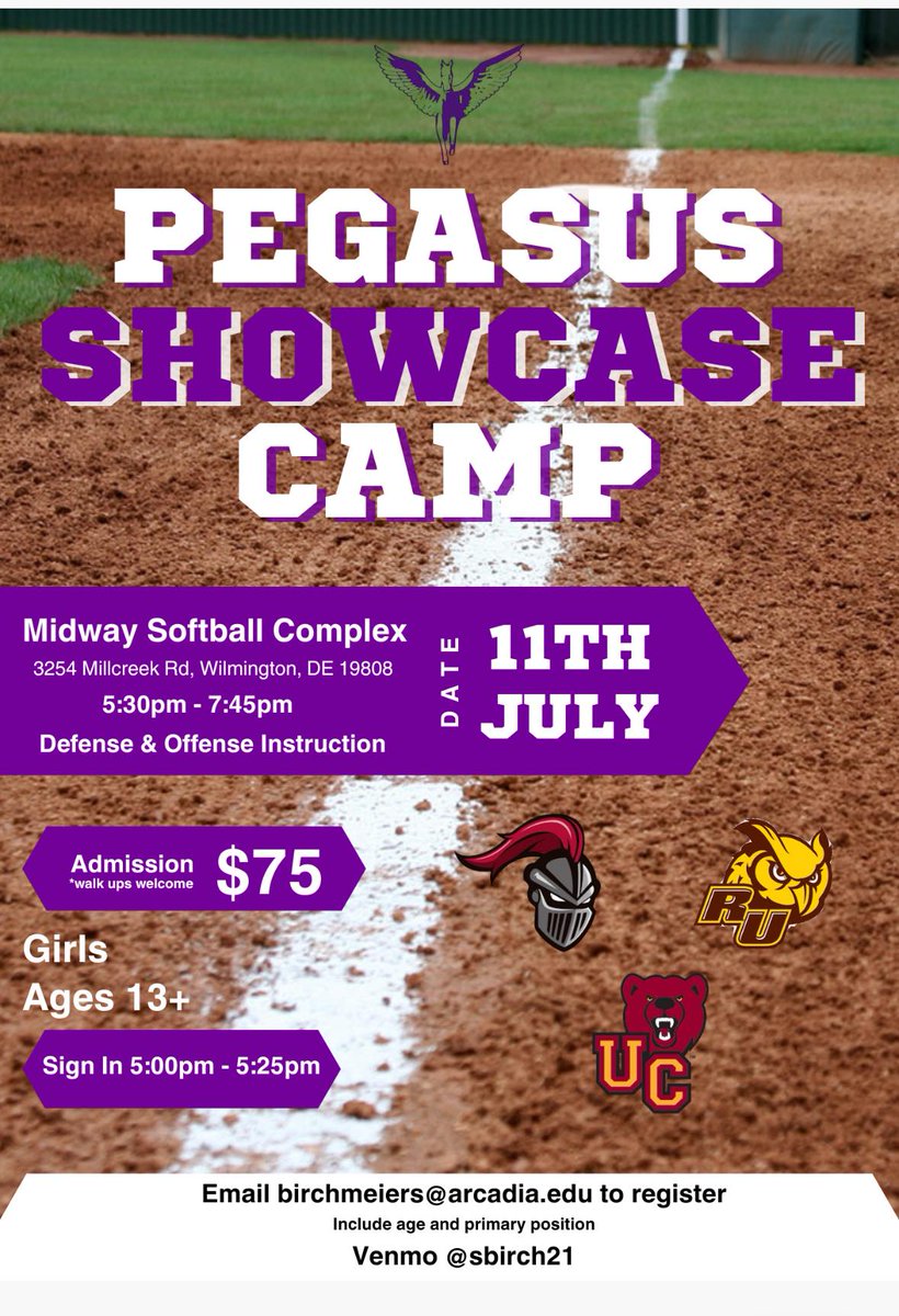 🥎Calling all Fastpitch Athletes 13+!🥎 Join us for the Pegasus Fastpitch Showcase Camp on July 11th, 5:30PM-7:45PM!  Train with top coaches from Arcadia University, Ursinus University, and Rowan University. pegasussoftball.com! #Fastpitch #SoftballCamp #pegasusstrong