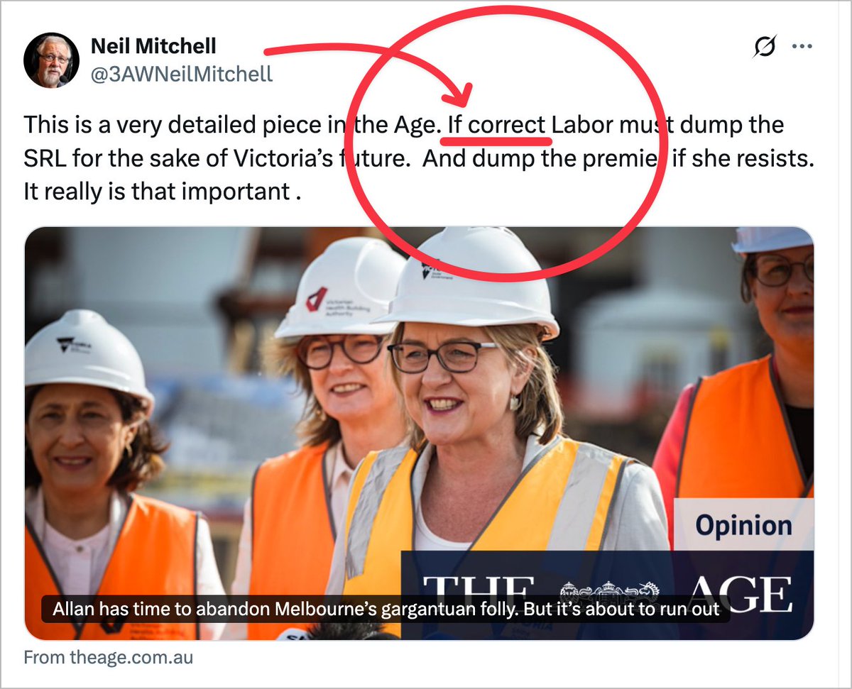 TheNoisyTrunk's tweet photo. Shockity Jockity #NeilMitchell has posted about an article taking a biased swing at #JacintaAllan.
The kicker? His post hinges on the phrase “IF TRUE.”
Translation: Neil either doesn’t believe the article — or hasn’t read past the headline. We did.
Here’s Neil’s post https://t.co/Hx3azPmlSG.
We’d have replied — but Sensitive Nelly BLOCKED us (likely after this post sliced through his epidermis: https://t.co/SsCMmhQYhu).
There’s a reason he adds “IF TRUE” — because deep down, he knows the article is shite.
Let’s unpack it.
Suburban Rail Loop (#SRL)
📣 Neil wants it to be true.
Because Neil is a Neil.
And if there’s one thing Neils do best, it’s clutch pearls over progress while polishing yesterday’s opinions like they’re gold-plated wisdom.
Let’s get some bloody perspective:
🛤️ The Suburban Rail Loop is a once-in-a-century infrastructure upgrade – linking jobs, unis, and communities without funnelling everything through the CBD.
🧮 Yes, $3B has been spent – on actual preparatory works. That land? That infrastructure? Still valuable. Not “splashed against a wall,” Chip.
🌏 Every modern city has orbital rail.
Sydney’s building one. London has one. Tokyo would laugh at this debate.
But in Melbourne, we get a panic attack if something costs more than a Hungry Jack’s upgrade.
🚆 Chip’s article? A glorified Dear Diary entry.
Selective costs, no benefit analysis, and zero mention of projected economic uplift, emissions cuts, or long-term ROI.
🤷♂️ Neil’s hot take? “IF TRUE!”
Mate… everything is important “if true.”
If unicorns exist, build stables. If aliens land, review air traffic control.
But this isn’t “if.”
It’s happening.
TBMs are coming. Land’s cleared. Contracts signed.
And Neil wants to flush it so he can whine about train crowding in 10 years like it snuck up on him.
🎭 And let’s not forget:
– This same mob whinged about the Metro Tunnel.
– Opposed level crossing removals.
– Sooked about every public #housing build over 3 storeys.
Because for Neils like Neil, progress only counts if it fits in a sepia photo of 1954 Melbourne and doesn’t affect his parking spot.
So no, Neil.
Labor doesn’t need to “dump the Premier.”
They need to dump the faux outrage of ageing shock jocks who fear trains, facts, and forward planning.
#SRL #Infrastructure #NeilFactsNotFeels #NoisyTrunk
PS: For Neil (yes we know you watch our posts) This will get more attention than a REPLY to your original post - So darl, the blocking actually backfired. Goodness you are dim.